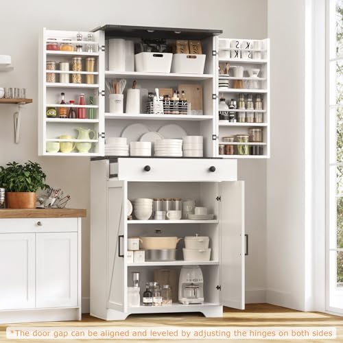 72" Tall Farmhouse Kitchen Pantry Cabinet, Large Storage Cabinet with 6 Adjustable Shelves, 4 Barn Doors & Drawer for Bathroom, Dining Room, Brown