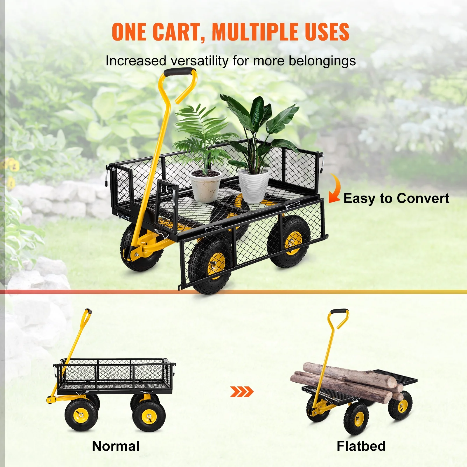 BENTISIM Steel Garden Cart, Heavy Duty 900 lbs Capacity, with Removable Mesh Sides to Convert into Flatbed