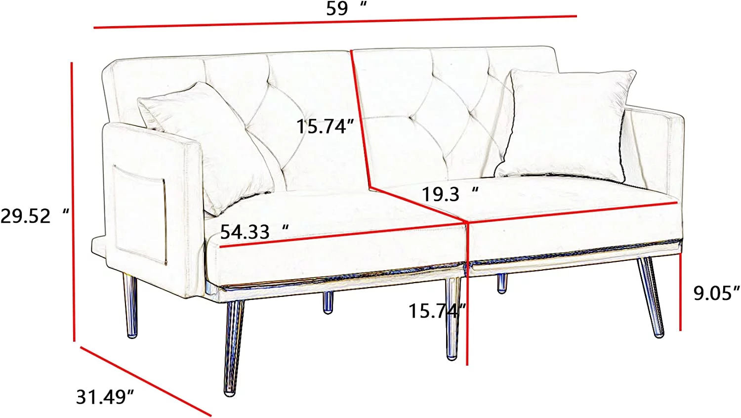 59" Convertible Folding Sofa Bed with 2 Pillows & Side Pockets, Modern Velvet Sleeper Couch Bed with 3 Adjustable Backrests