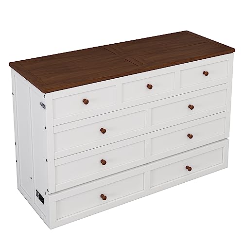 Ball & Cast Queen Size Solid Pine Murphy Bed Chest,Cabinet Hideaway Bed with Charging Station and Large Storage Drawer,Wood Wall Bed can be Folded