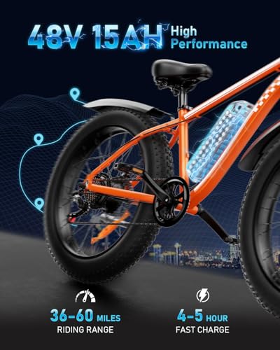 EB26 Electric Bike for Adults Peak 1500W Electric Bicycle 48V 15AH (720WH) Battery Electric Bike 26" Fat Tire Mountain 28mph 7 Speed Gears Ebike