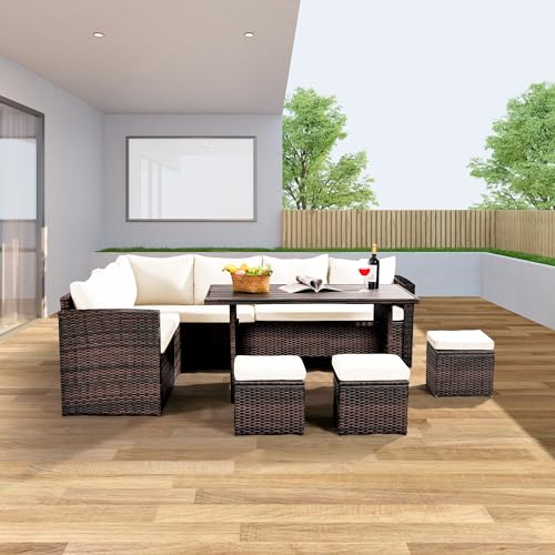 Patio Furniture Set, 7 Pieces Outdoor Patio Furniture with Dining Table&Chair, All Weather Wicker Conversation Set with Ottoman