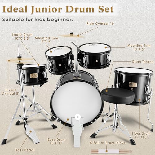 EASTROCK Kids Drum Set, 5-Piece 16 Inches Junior Drum Sets for Kids, Drummer, Beginner Youth Drumset for 7-12 Years Old with Throne,Cymbal,Pedal