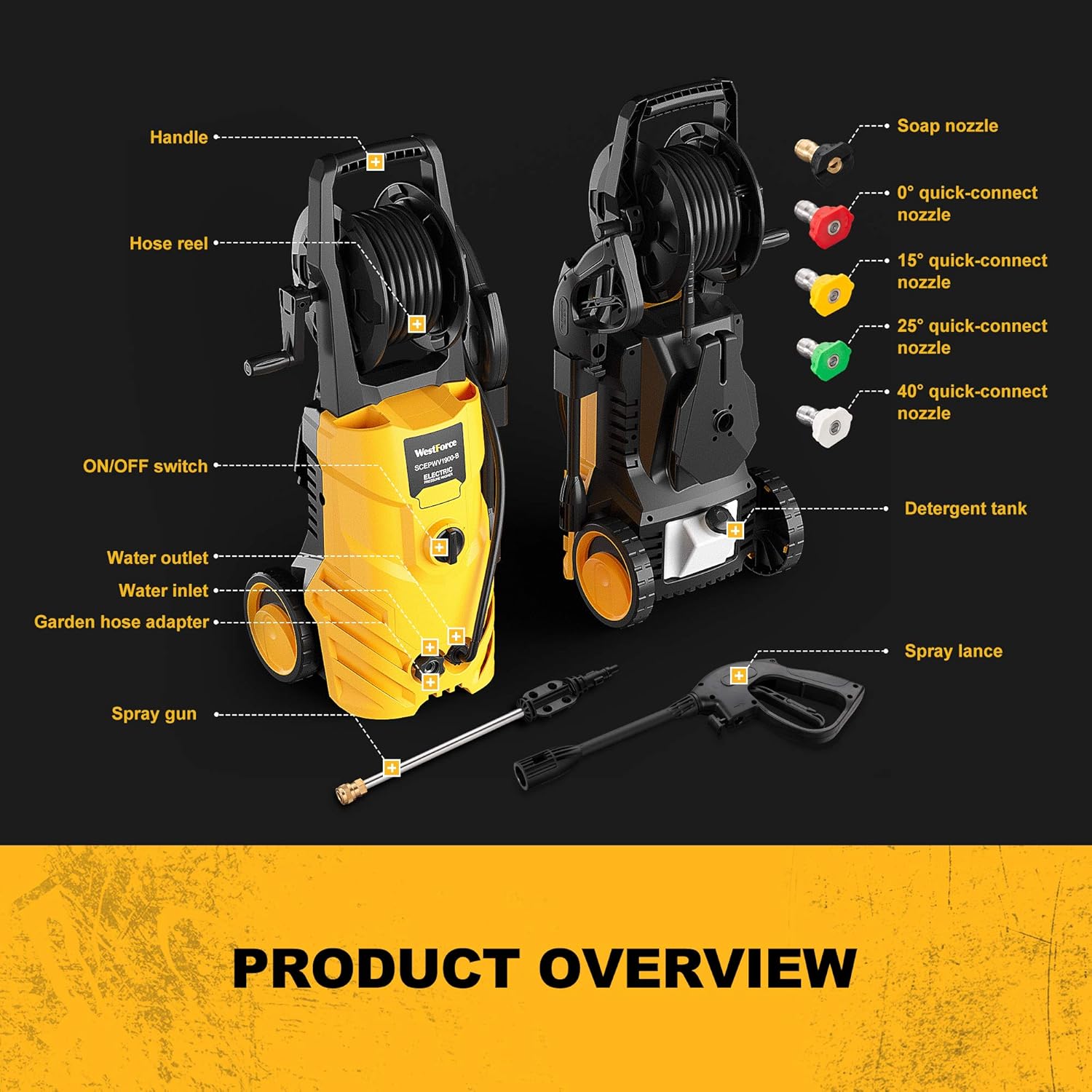 WestForce Electric Pressure Washer, 3000 PSI 1.85 GPM Power Washer, 1800 W High Power Cleaner with 5 Nozzles, Hose Reel, Detergent Tank Ideal for Car