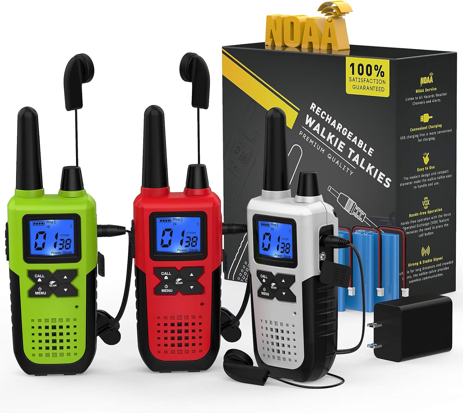 4 Long Range Walkie Talkies Rechargeable for Adults - NOAA 2 Way Radios Walkie Talkies 4 Pack