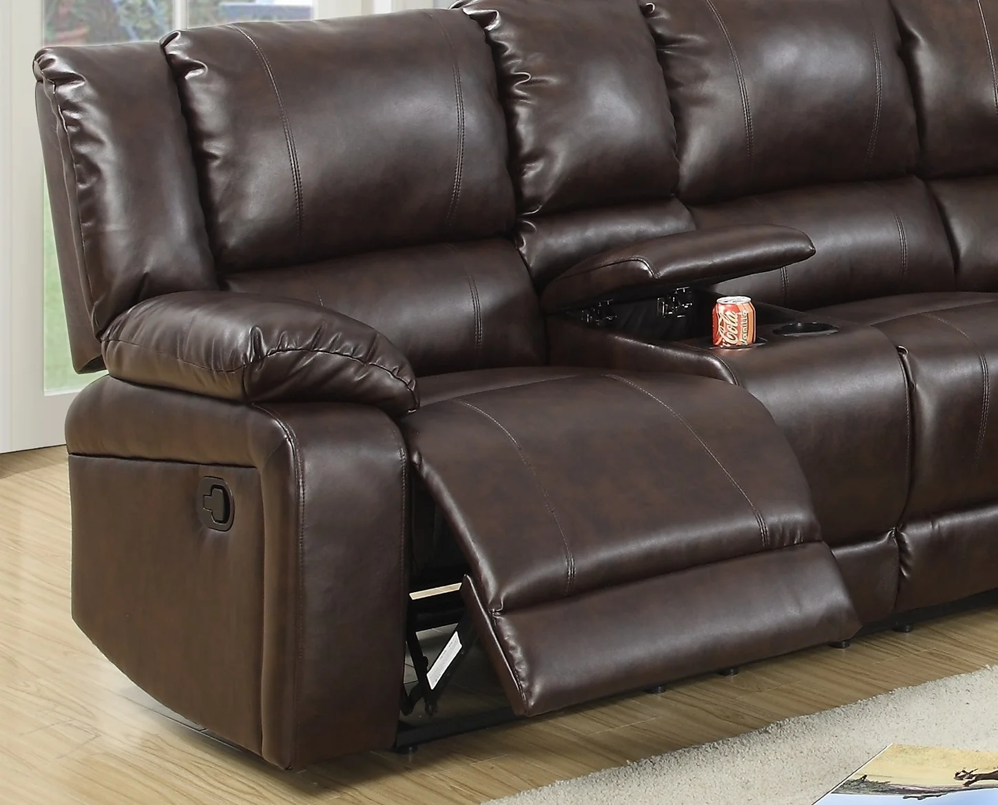 Motion Sectional Sofa Chaise Console Living Room Brown Color Bonded Leather Wedge Cushion Couch
