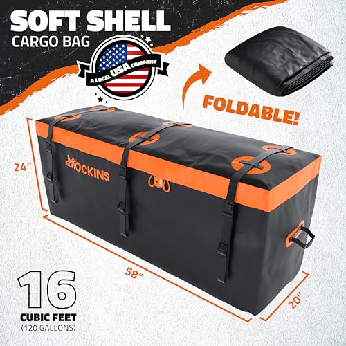 Mockins 16 Cubic Ft. Orange Cargo Carrier Bag & 60"x20"x6" Folding Trailer Hitch Cargo Carrier w/Rear Lights Bundle