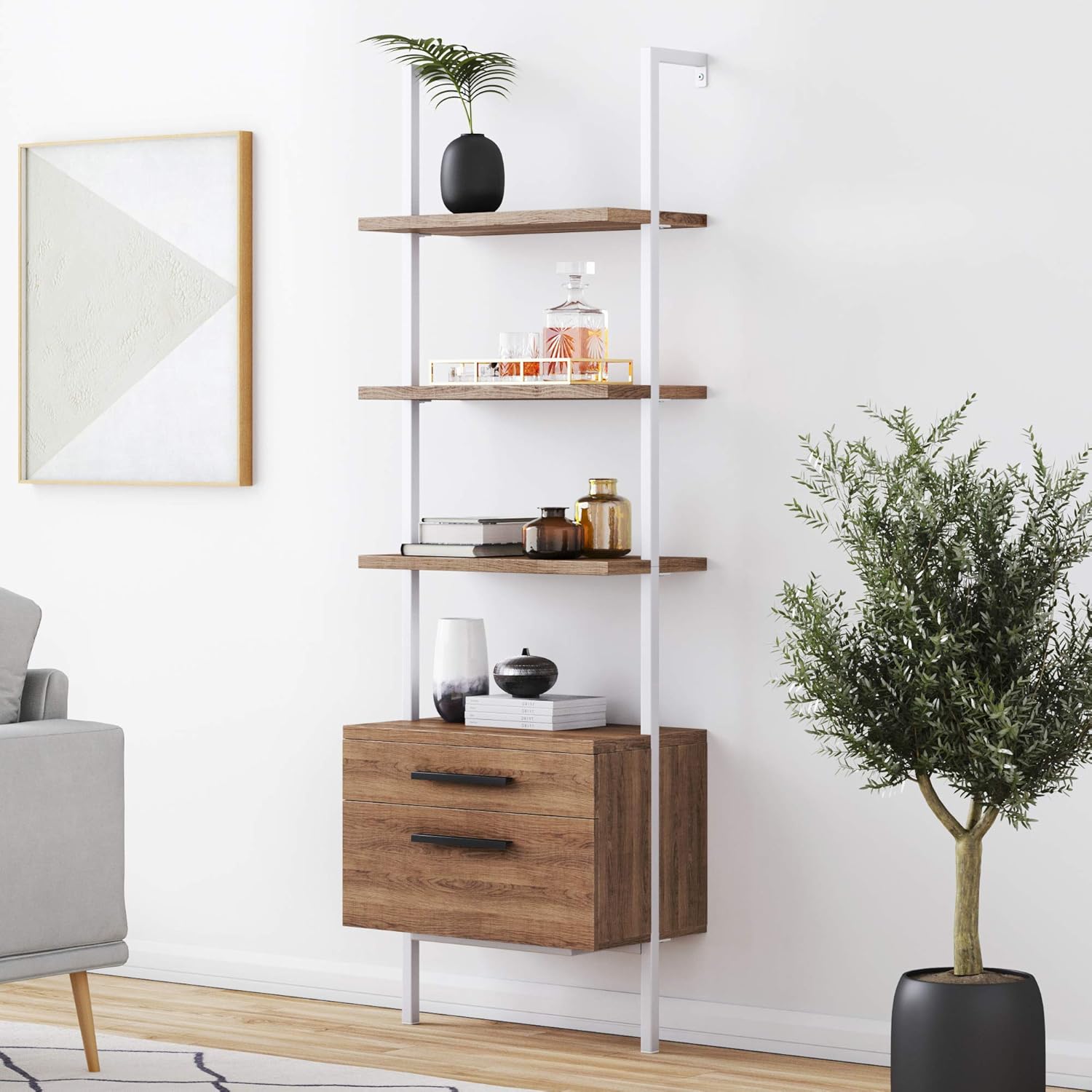 Nathan James Theo 5-Shelf Modern Bookcase, Open Wall Mount Ladder Bookshelf with Industrial Metal Frame, White/Gold