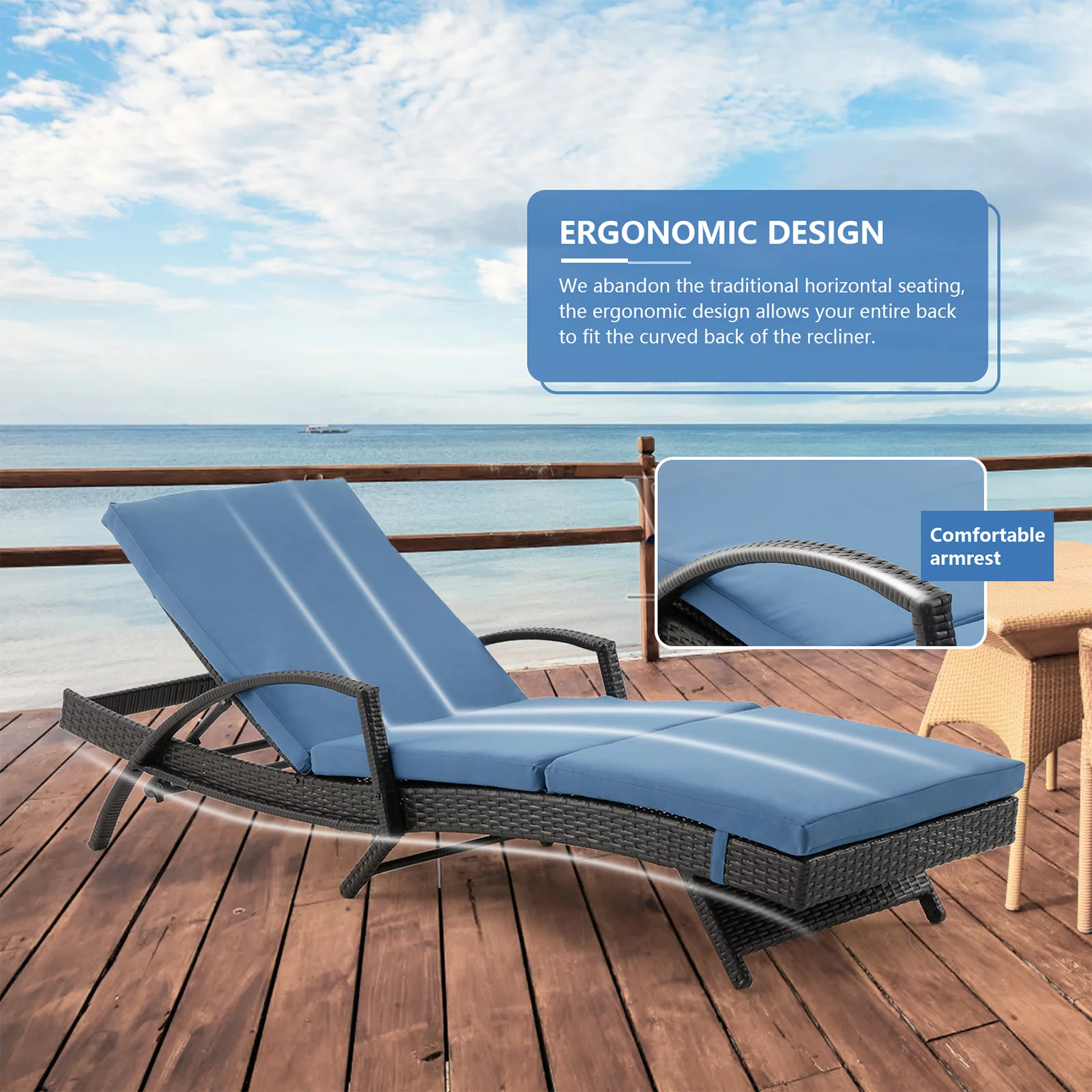 HOMREST Chaise Lounge Chair with 5 Adjustable Position Thickened Cushion Outdoor Reclining Chaise for Patio Backyard(BLUE)