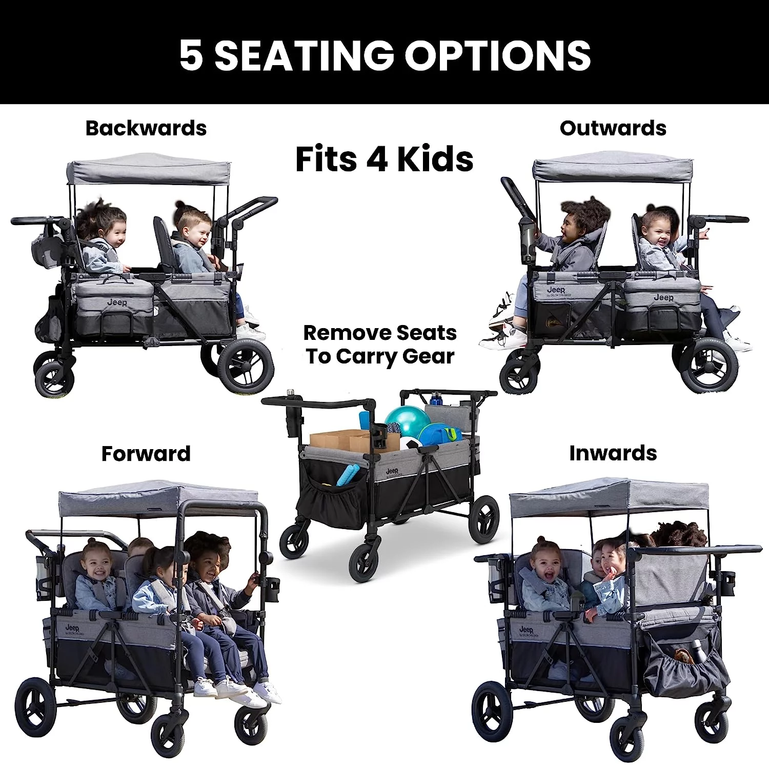 Jeep Wrangler Deluxe 4 Seater Stroller Wagon by Delta Children - Premium Quad Stroller Wagon for 4 Kids with Convertible Seats