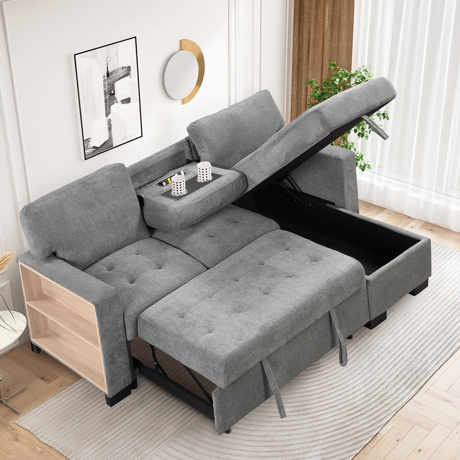 Churanty Functional Sectional Pull Out Sofa Bed with Storage L Shaped Corner Sofa Couch with Drop Down Table and USB Charger for Small Apartment,Gray