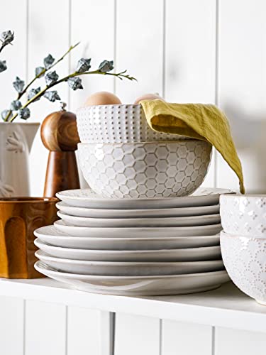 LE TAUCI Dinnerware Sets 12 PCS, Ceramic Plates and Bowls Set, Suit For Housewarming (10" Dinner Plate + 8" Salad Dish + 26 oz Cereal Bowl) x 4