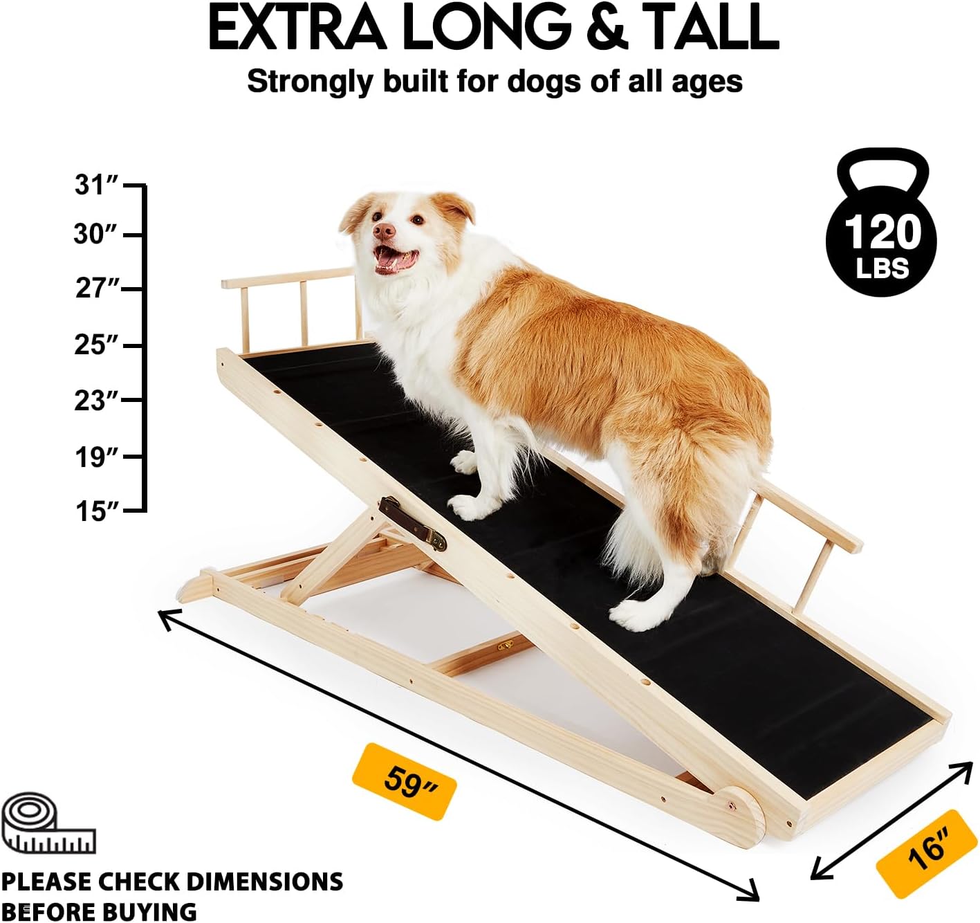 Woohoo Dog Ramp for Bed - Non-Slip Rubber Surface - Folding Wooden Pet Ramp for Dogs to Get on Bed - Dog Ramp for Large, Small, Old Dogs