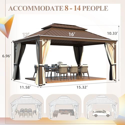 YOLENY 10' x 12' Hardtop Gazebo, Metal Gazebo with Aluminum Frame, Double Galvanized Steel Roof, Curtains and Netting Included
