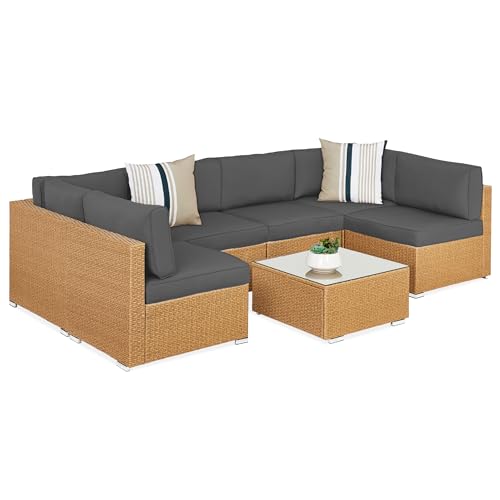 Best Choice Products 7-Piece Modular Outdoor Sectional Wicker Patio Conversation Set w/ 2 Pillows, Coffee Table, Cover Included - Gray/Navy