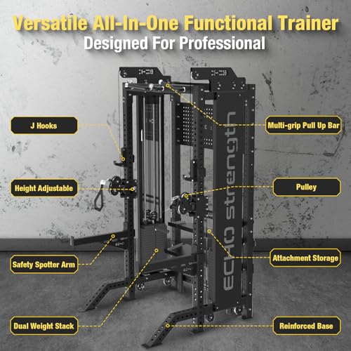 Commercial Functional Trainer Cable Machine with Dual Weight Stacks, Power Cage Squat Rack, Dual Cable Crossover Machine with Pulley System
