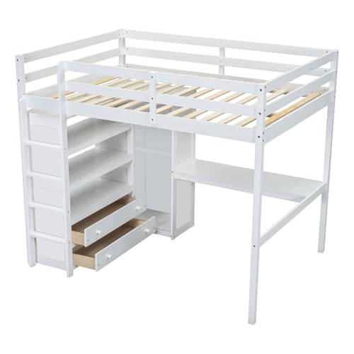 Harper & Bright Designs Full Size Loft Bed with Desk & Wardrobe, Wood Full Loft Bunk Bed with Storage Shelves and Drawers, No Box Spring Needed,White