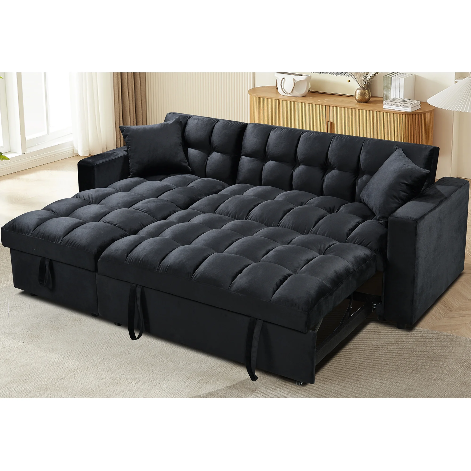 Muumblus 84" Convertible Sofa Bed, Pull Out Sofa Bed, Modern Tufted Sectional Sleeper Sofa with Storage Chaise, L Shaped Sofa Couch for Living Room