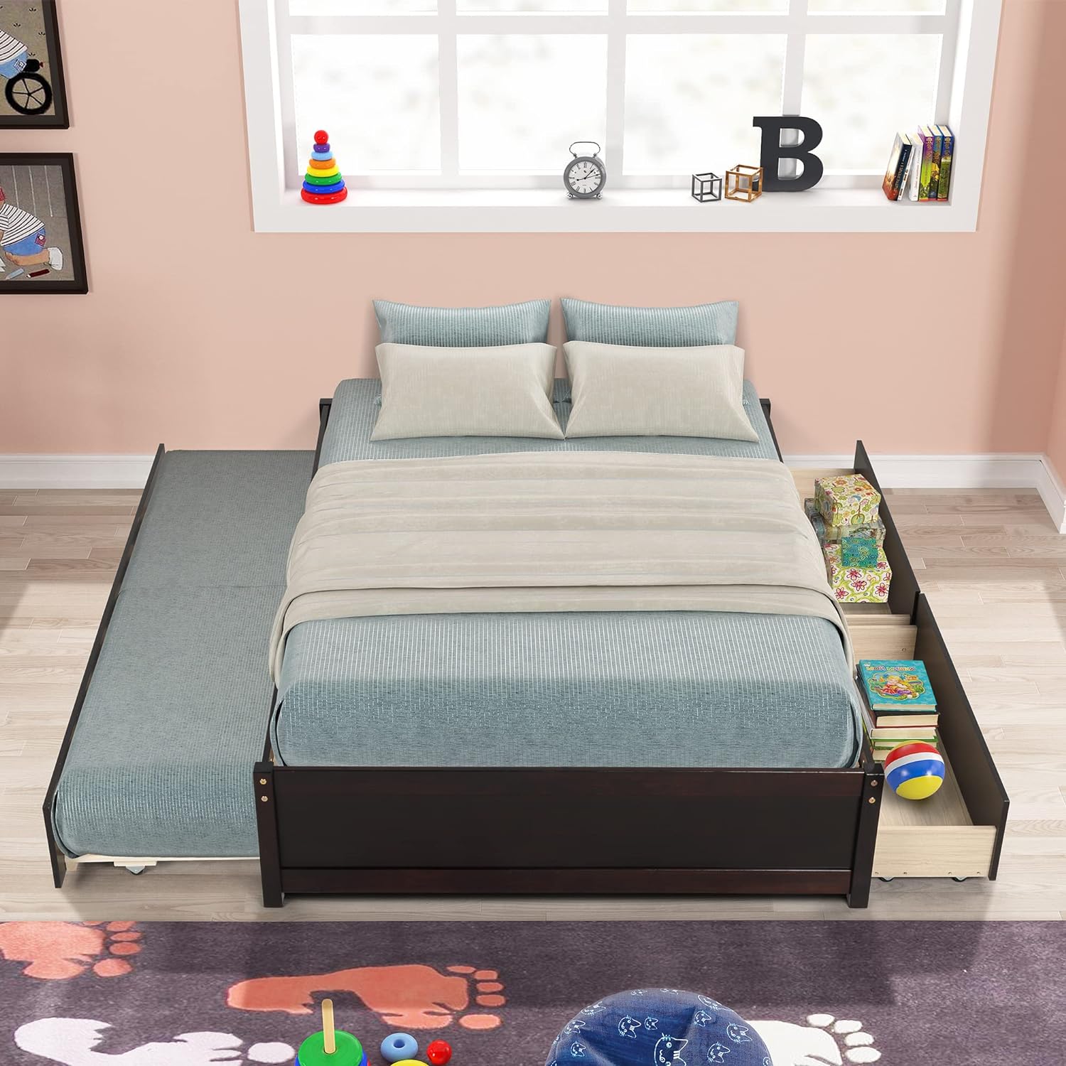 Wood Platform Bed Frame, Full Bed With Trundle And Drawers, Trundle Platform Bed Full Size