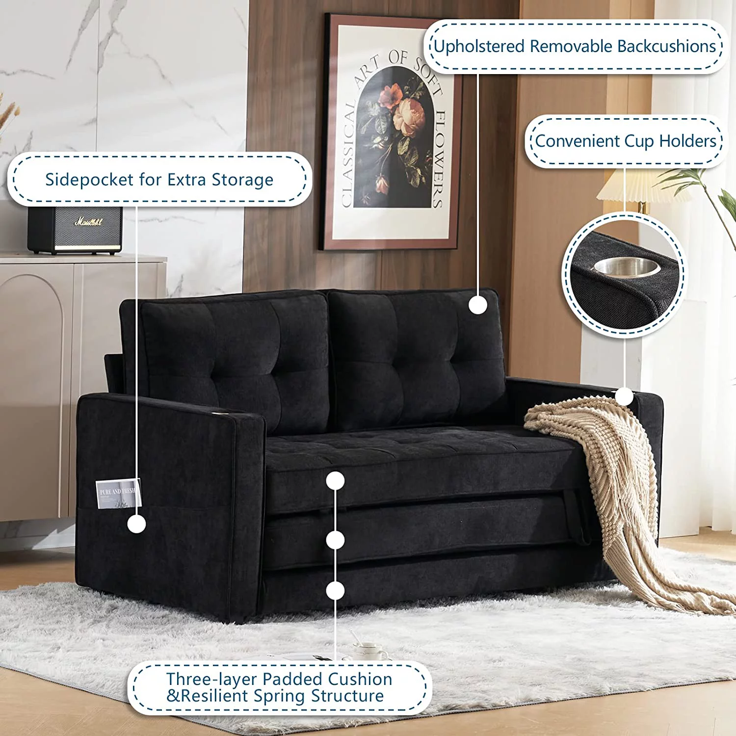 VINGLI Upgraded 64" W 84" L Full Size Futon Sofa Bed, 6" Thick Upholstery Chenille Loveseat Sofa Sleeper Pull Out Couch