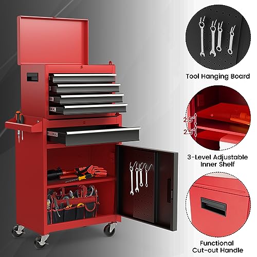 Goplus Rolling Tool Chest, 5-Drawer Tool Box Organizer w/Lockable Wheels & Sliding Drawers & Detachable Top & Adjustable Shelf