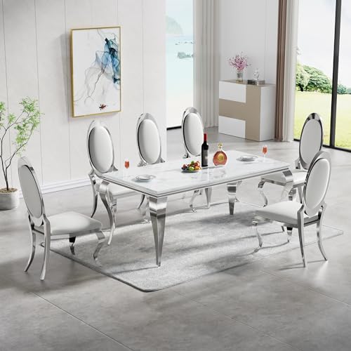 Dining Table Set for 4, Modern Dining Room Table Set for 4, 70" Marble Dining Table with Oval Backrest Leather Chairs