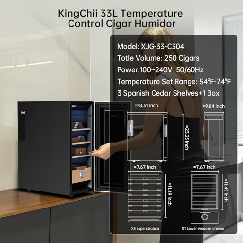 KingChii 16L Electric Cigar Humidors Temperature Control System, Cooling & Heating Humidor Cabinet with Spanish Cedar Wood Shelves & Hygrometer