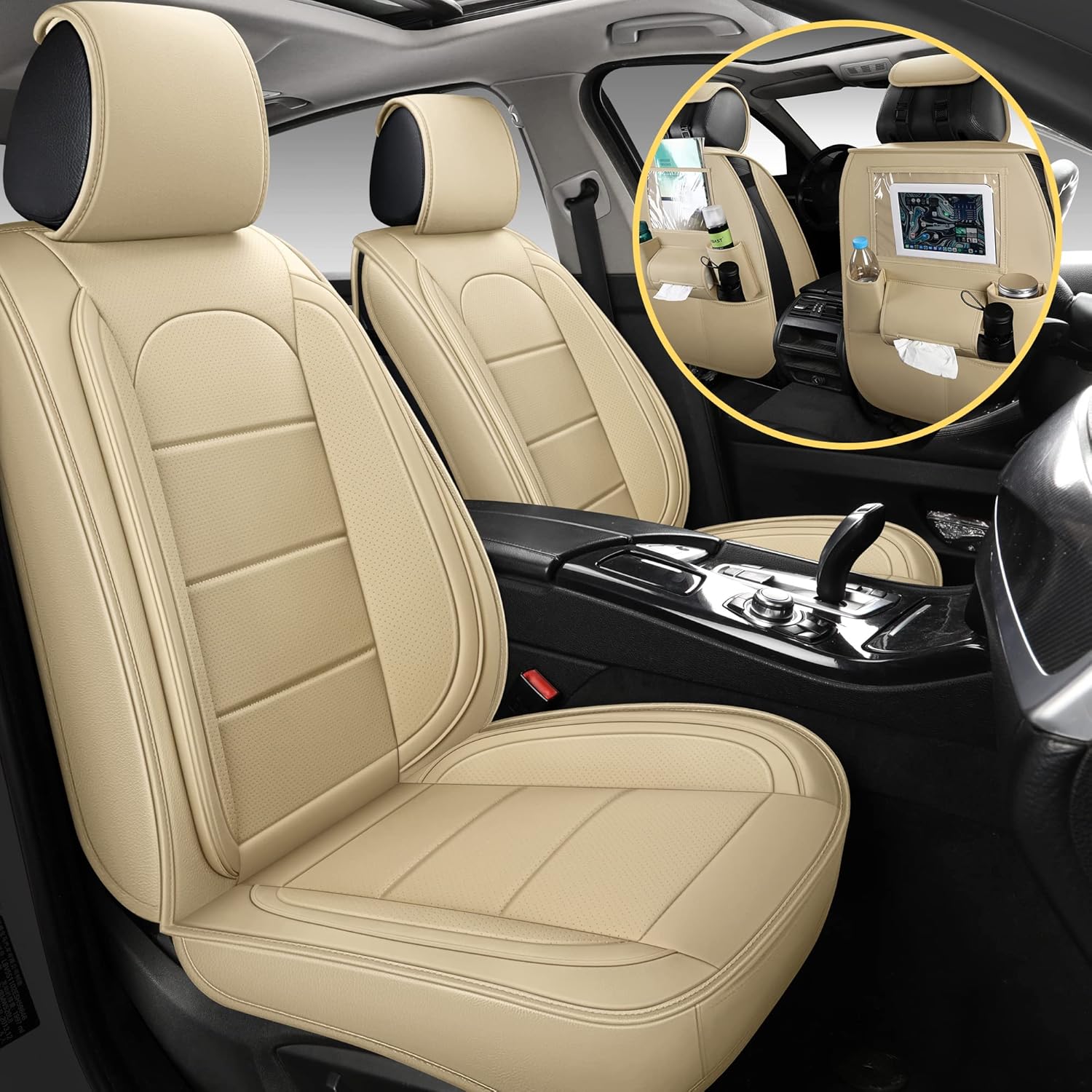 AOOG Leather Car Seat Covers with Car Backseat Organizer, Universal Automotive Vehicle Seat Cover for Most Sedan SUV Pick-up Truck, Front Pair, Beige