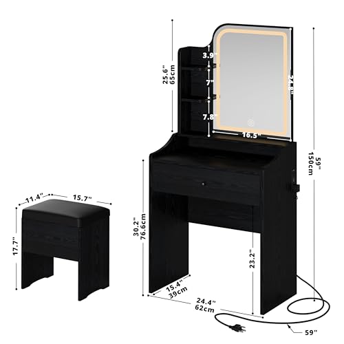 LIKIMIO Small Makeup Vanity Desk with Mirror and Lights, Vanity Table Set with Storage Drawer, Chair and Three Shelves, Bedroom, White
