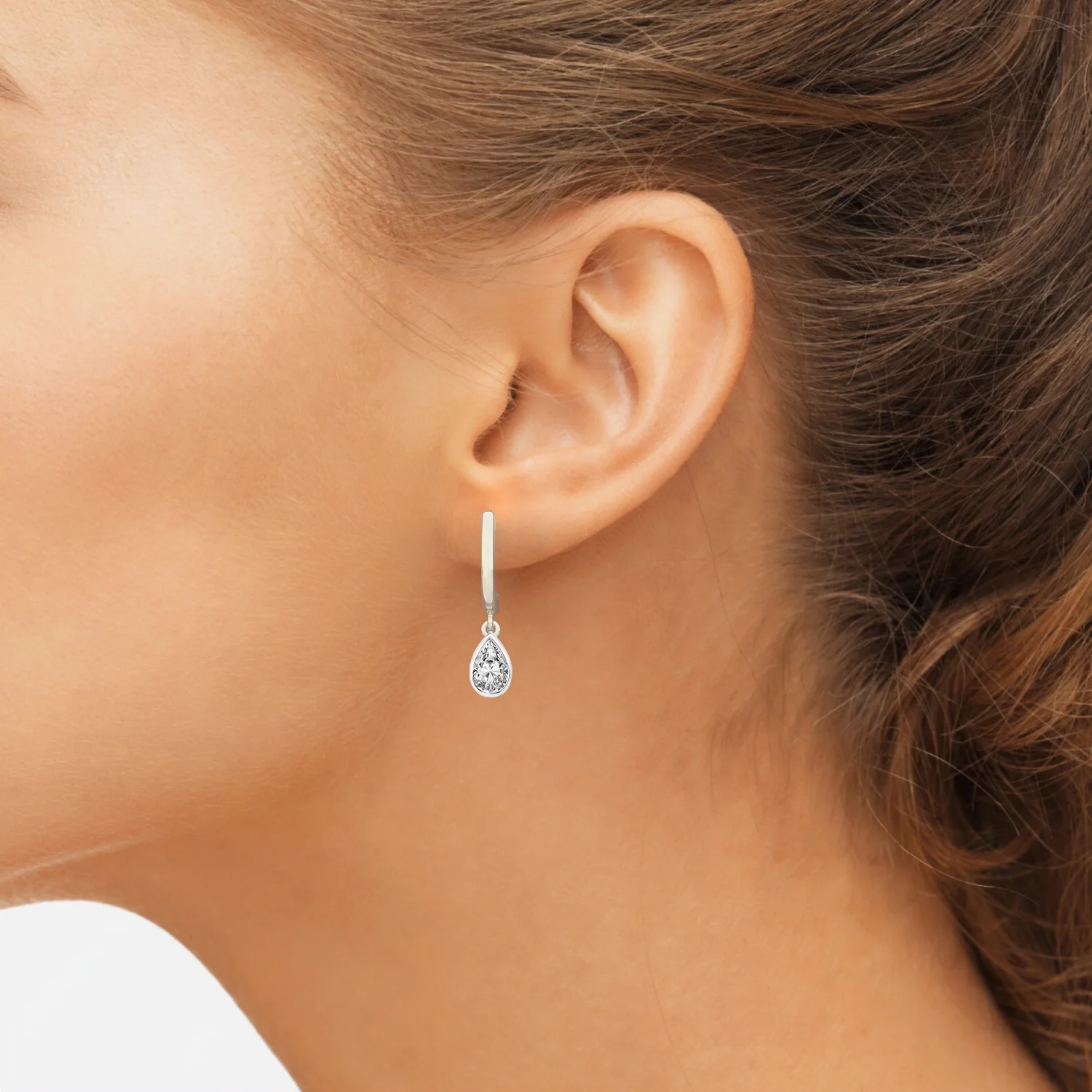 Diamond Dangle Earring | 1 Carat IGI Certified Pear Shape Lab Grown Diamond Dangle | 14K in White Gold | Zuri Bezel Lab Diamond Earrings | Bezel