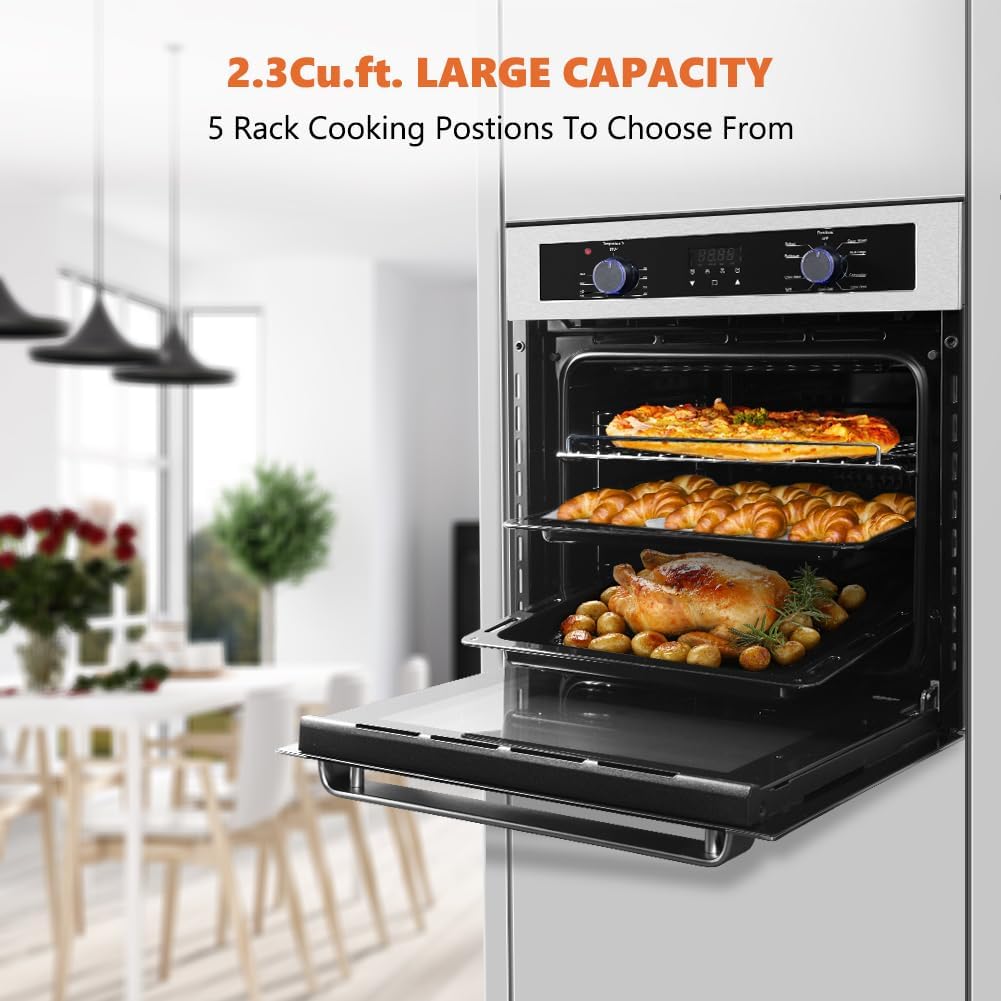 24 Inch Single Wall Oven, thermomate 2.3Cu.ft. Total Capacity Electric Built-in Oven with 9 Cooking Functions in Stainless Steel
