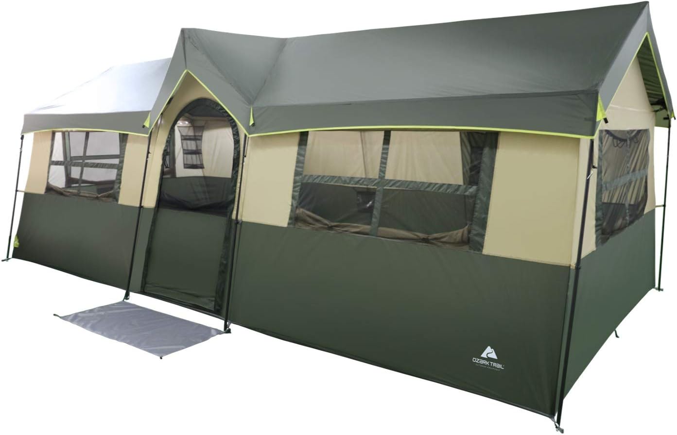 Spacious and Comfortable Ozark Trail Hazel Creek 12 Person Cabin Tent,with Two Closets with Hanging Organizers,Room Dividers,Mud Mat