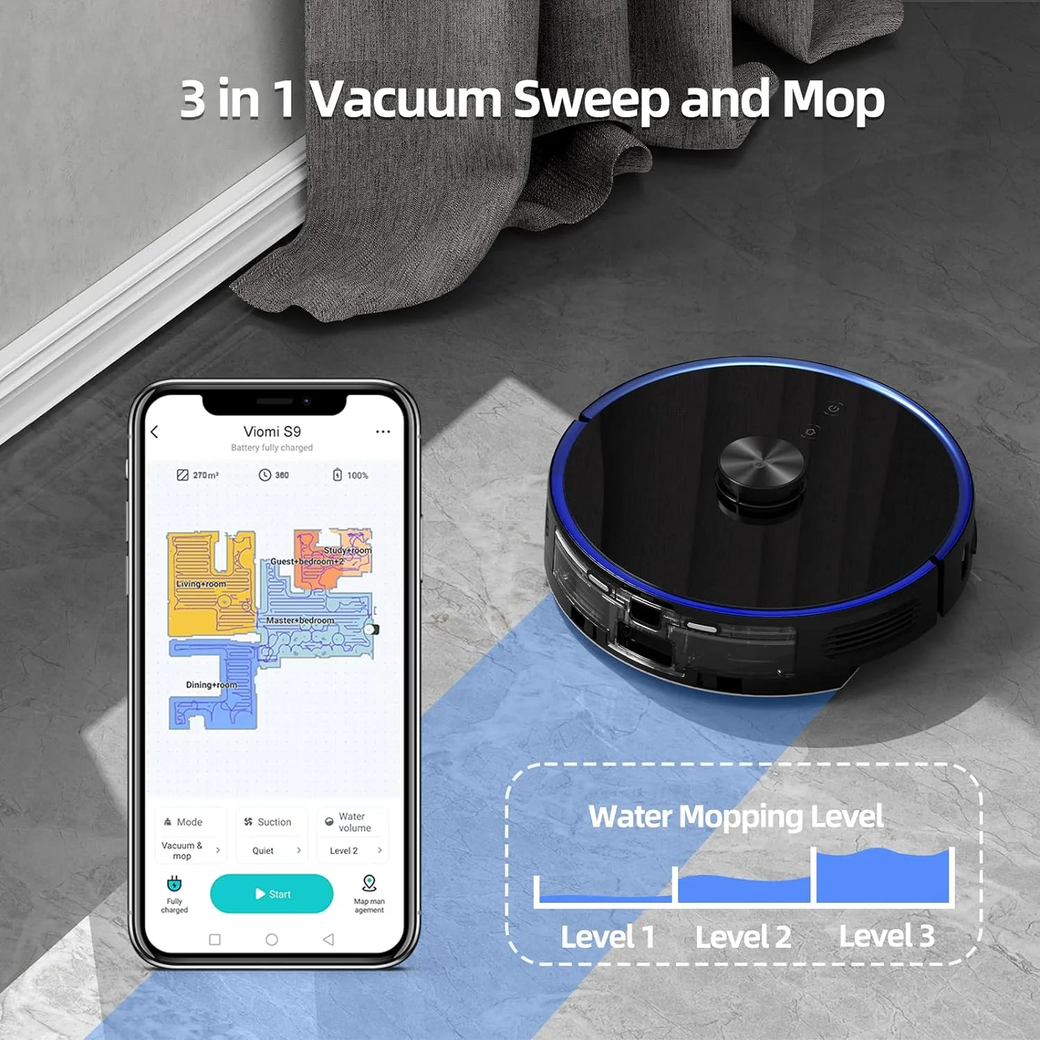 VIOMI S9 Robot Vacuum Cleaner Self-Emptying 2700Pa, 5200mAh, 3 in 1 (Sweep, Vacuum and Mop), Robotic Vacuum 360° LDS Lidar, Auto Dirt Disposal