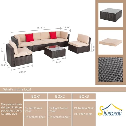Shintenchi 6 Pieces Patio Furniture Sets Outdoor All-Weather Sectional Patio Sofa Set PE Rattan Manual Weaving Wicker Patio Conversation Set with