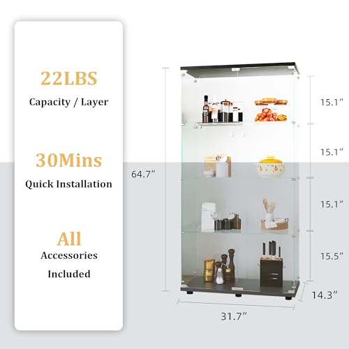 Homtique Glass Display Cabinet, 4 Shelves Curio Cabinet Display Case with Double Door and Lock, Black Floor Standing Bookshelf for Living Room