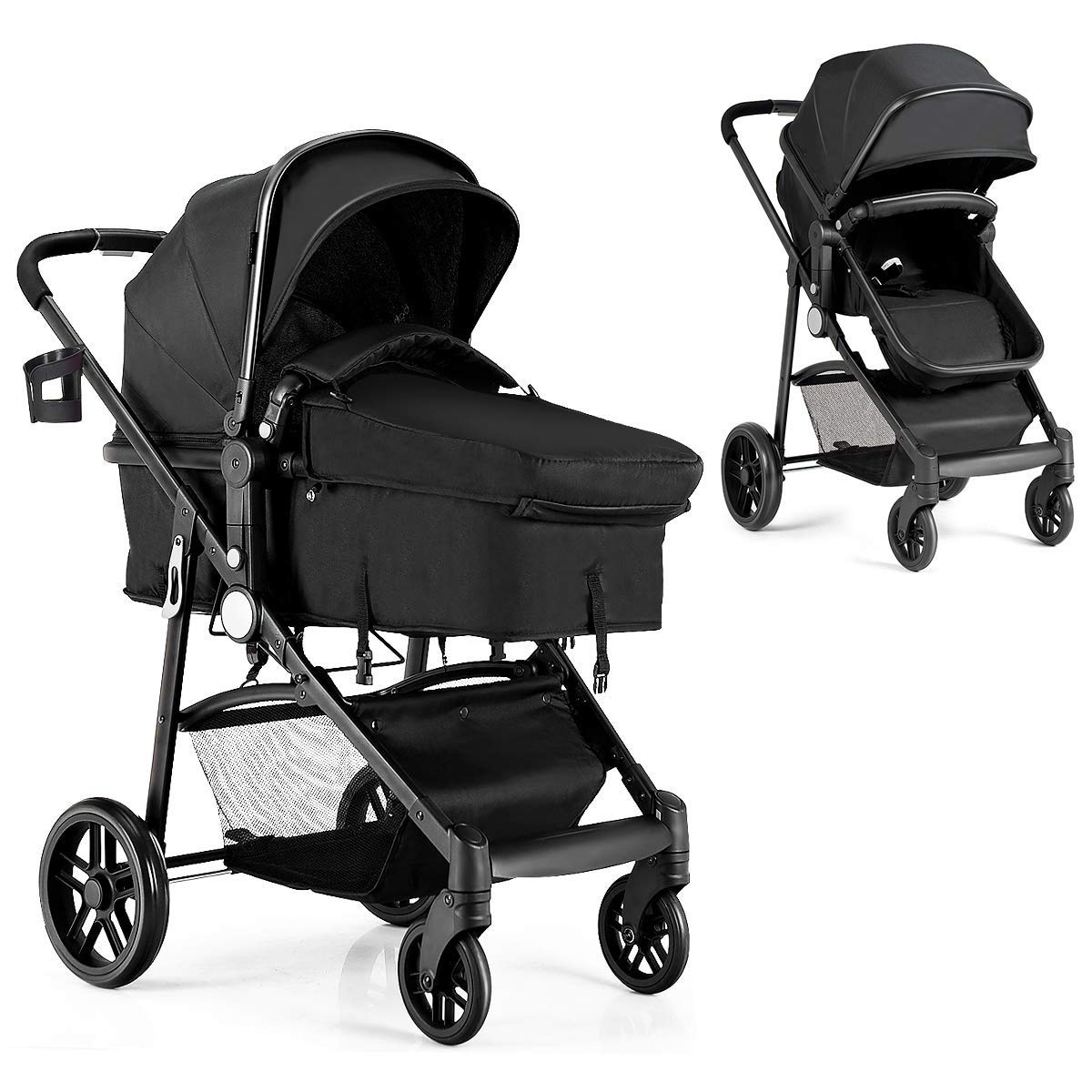 BABY JOY Baby Stroller, 2 in 1 Convertible Carriage Bassinet to Stroller, Pushchair with Foot Cover, Cup Holder, Large Storage Space