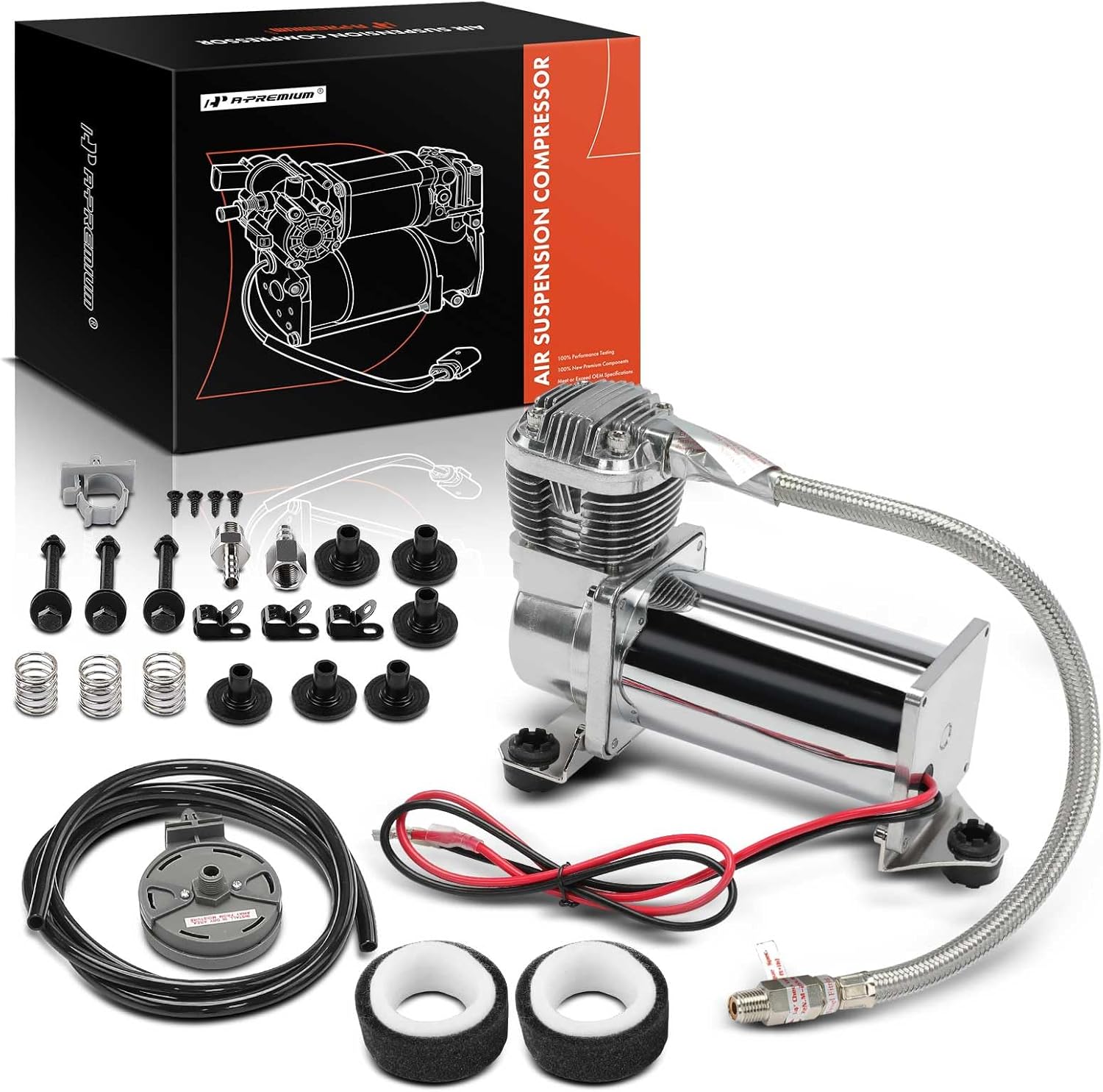 A-Premium 200PSI 3/8 NPT 12V Air Ride Suspension Compressor Pump Kit with Air Filter Stainless Steel Hose Check Valve