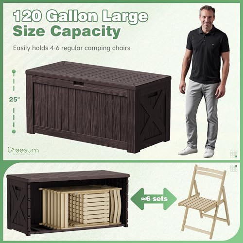 Greesum 120 Gallon Outdoor Storage Box with Lock - Large Resin Deck Box, Reinforced Lid for Garden, Patio, Lawn, Black