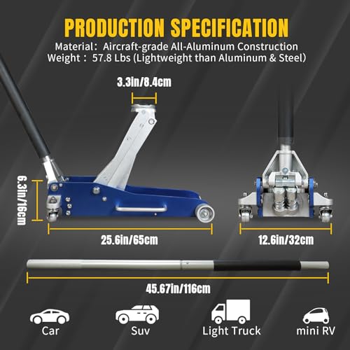 YELLOW JACKET 3 Ton Floor Jack Full Aluminum Ultra Lightweight Quick Rise Racing Floor Car Jack with Dual Pump Fast Lifting Low Profile Jack for