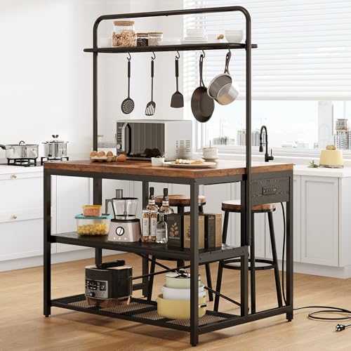46" Large Kitchen Island Table Baker Rack with Power Outlet and 3-Tier Storage-Microwave Stand Oven Shelf, Metal Coffee Bar Table