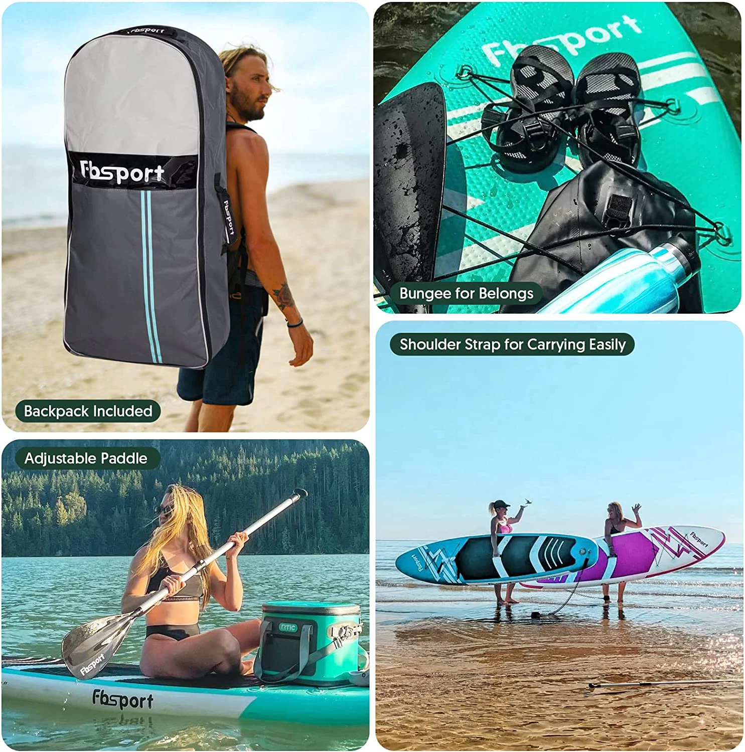 FBSPORT Inflatable Paddle Board, 11' Stand Up Paddleboard with Durable SUP Accessories & Carry Bag, Mint Green
