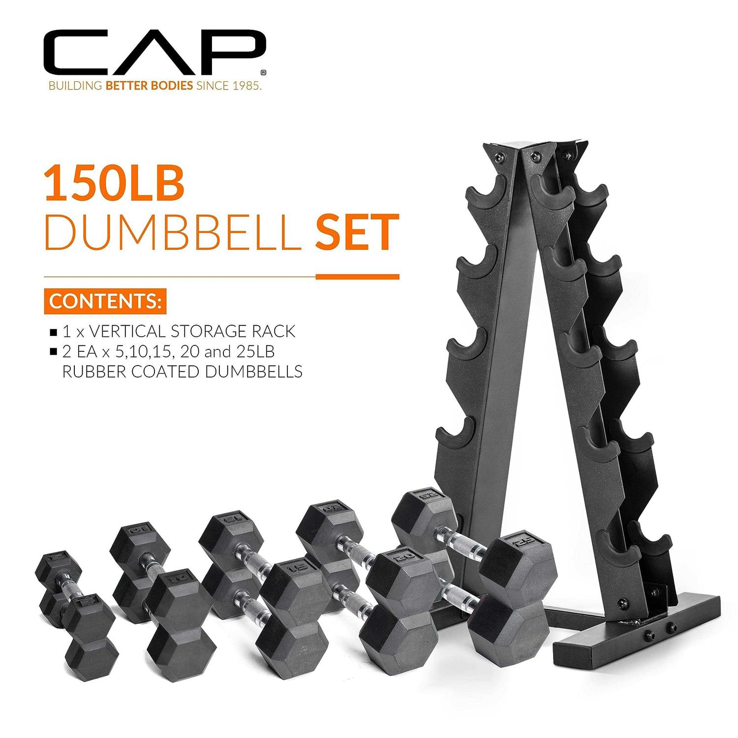 CAP Barbell 150 LB Coated Hex Dumbbell Weight Set with Vertical Rack - Sports Supplies Online Store