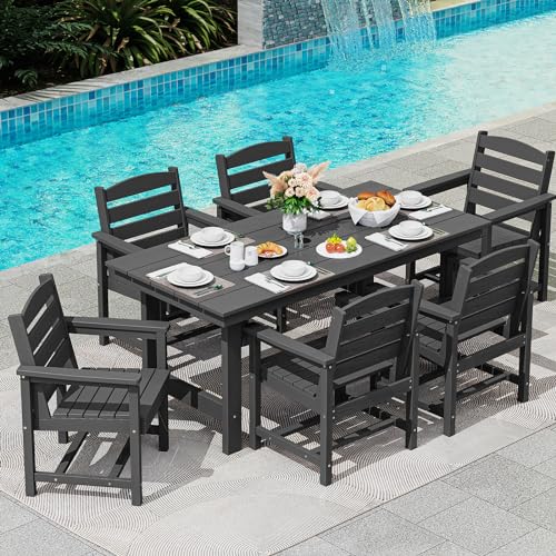 SERWALL Outdoor HDPE Dining Table Set, 7-Piece Outdoor Dining Table Sets with Umbrella Hole Cut-Out Table and 6 Chairs, Gray