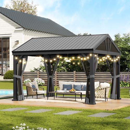 Aoxun 10' X 12' Hardtop Gazebo, Aluminum Outdoor Gazebo with Galvanized Steel Gable Roof Canopy, Patio Permanent Metal Pavilion with Netting