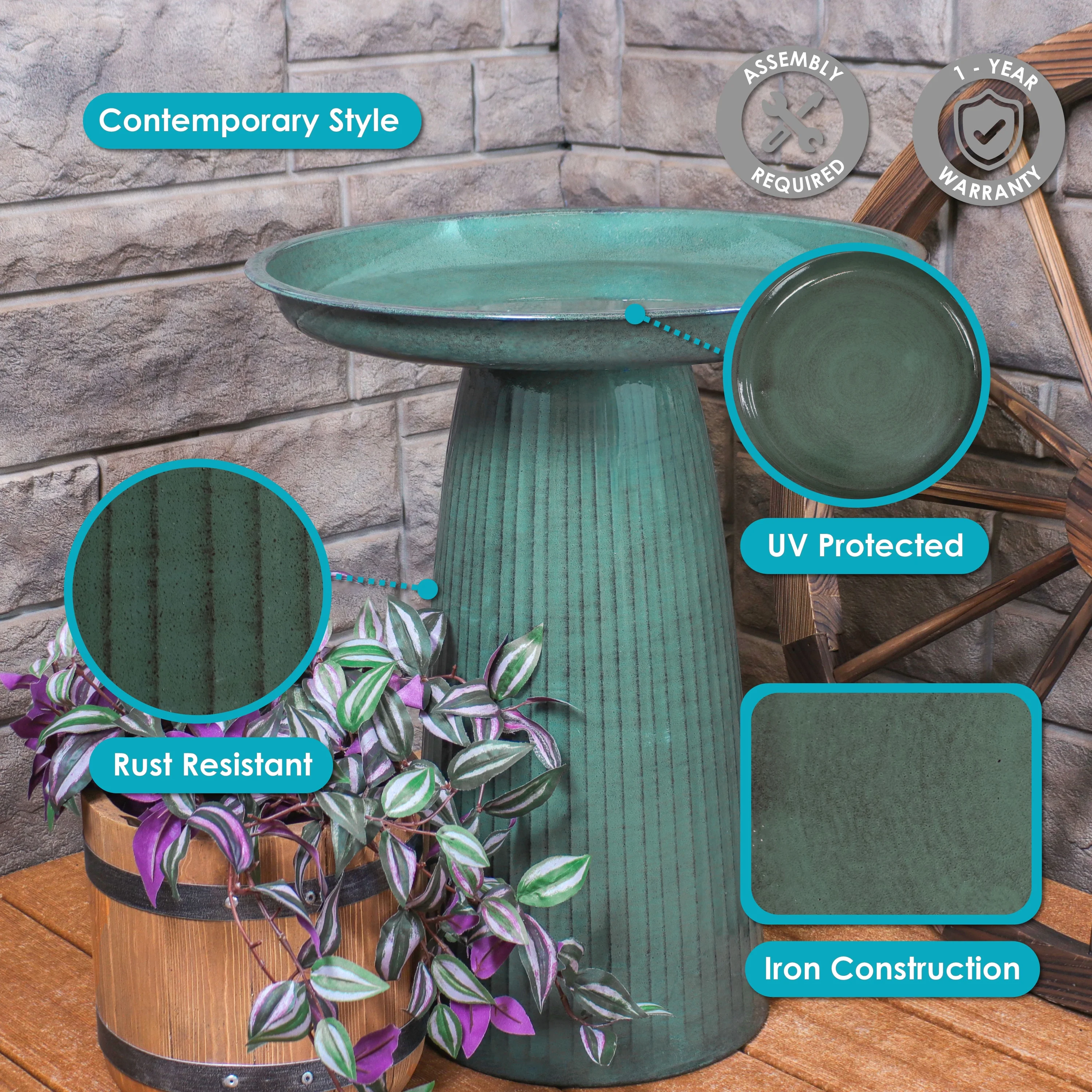 Sunnydaze Gleeful Garden Metal Outdoor Bird Bath - Green Glaze - 19"