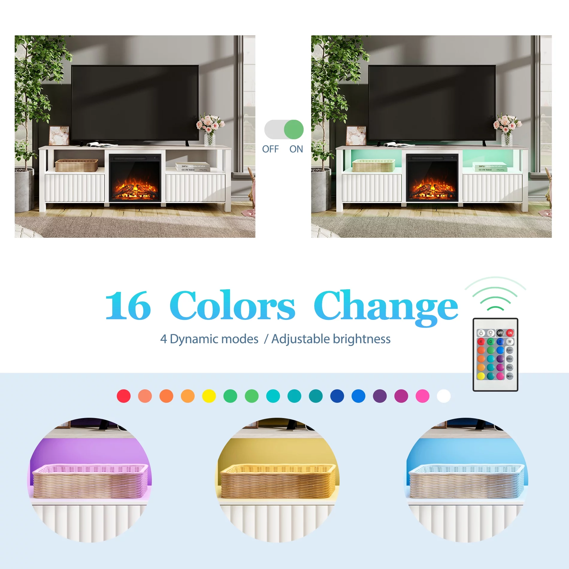 Fireplace TV Stand for TVs up to 80 Inch, Wood Entertainment Center for 75 inch TV with Electric Fireplace for Living Room Bedroom, 70 inch, White