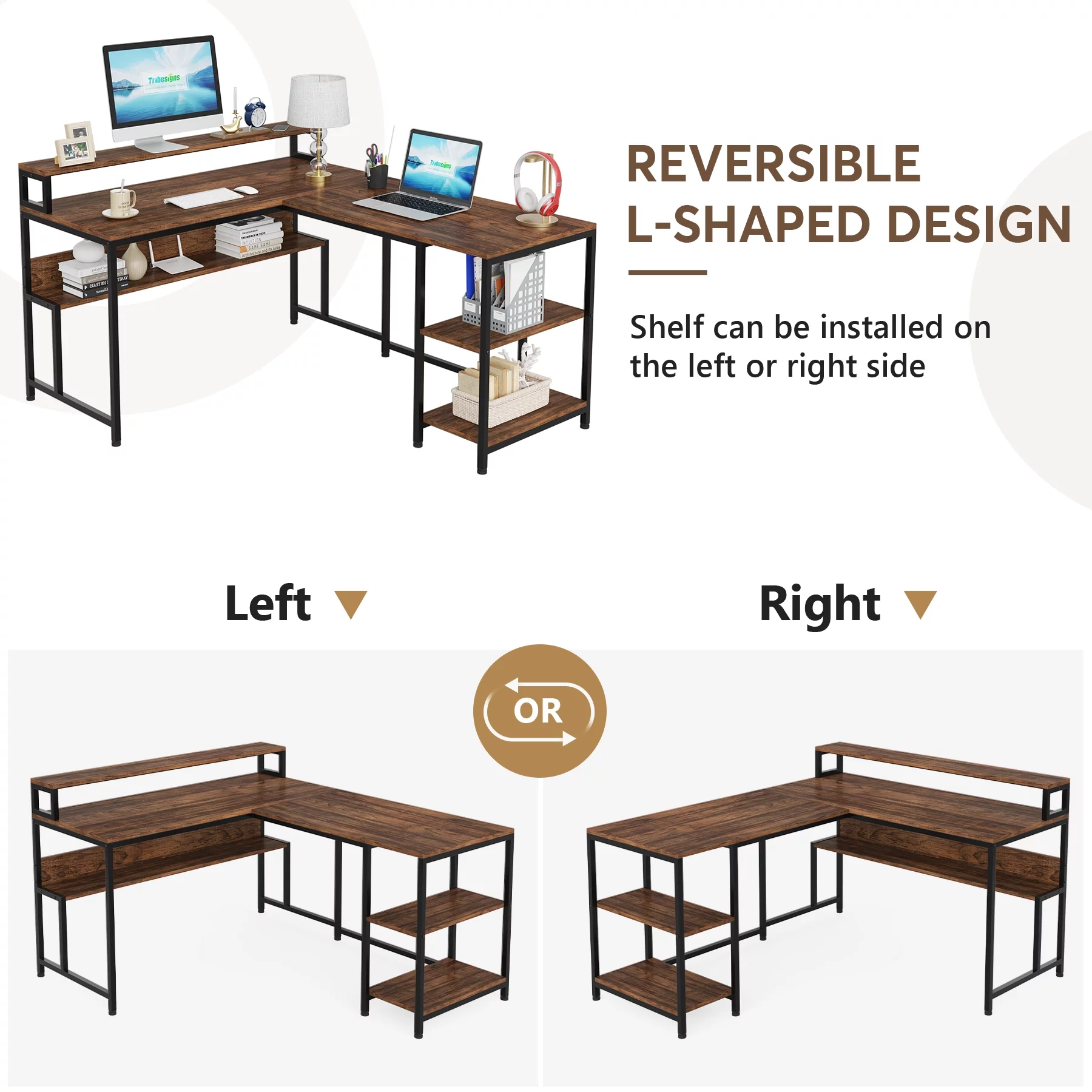 Tribesigns Reversible L Shaped Desk with Monitor Stand, 59 Inch Corner Computer Desk with Storage Shelves