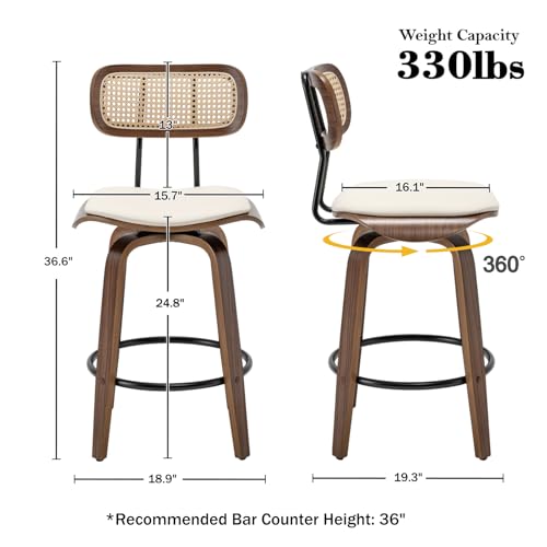 Rattan Bar Stools Set of 2,Counter Height Bar Stools,Swivel Bar Stools with Back,Counter Stools for Kitchen Island,Leather Bar Chairs with Wood Legs