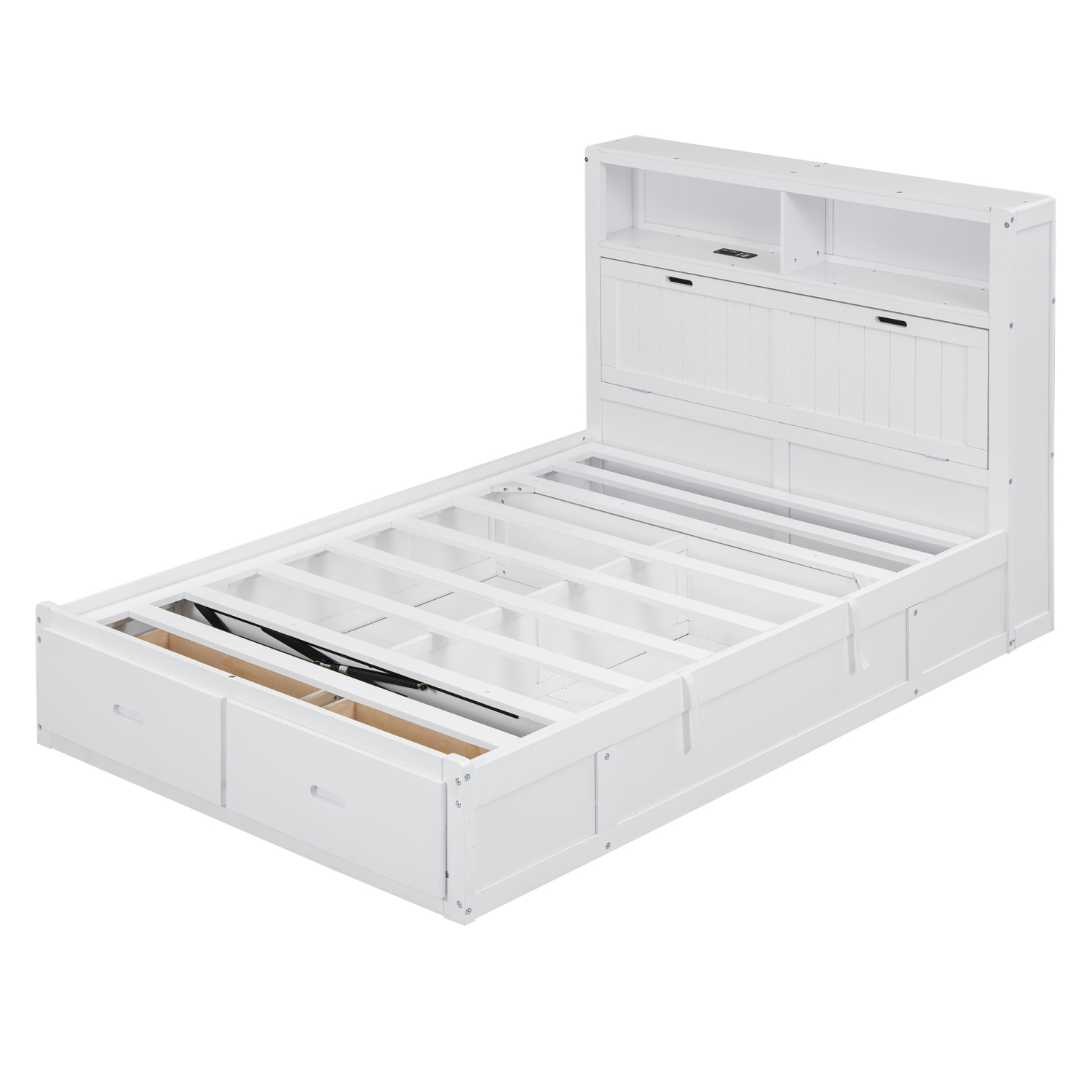 Churanty Full Size Platform Bed with Storage Shelves Headboard, Hydraulic Cabinets and 2 Drawers Underneath