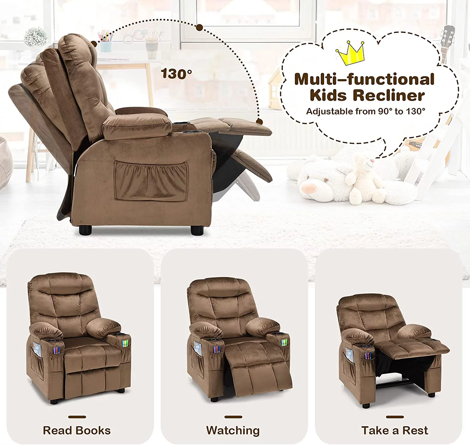 Kids Recliner Chair with Cup Holder  Adjustable Velvet Lounge Chair w/Footrest